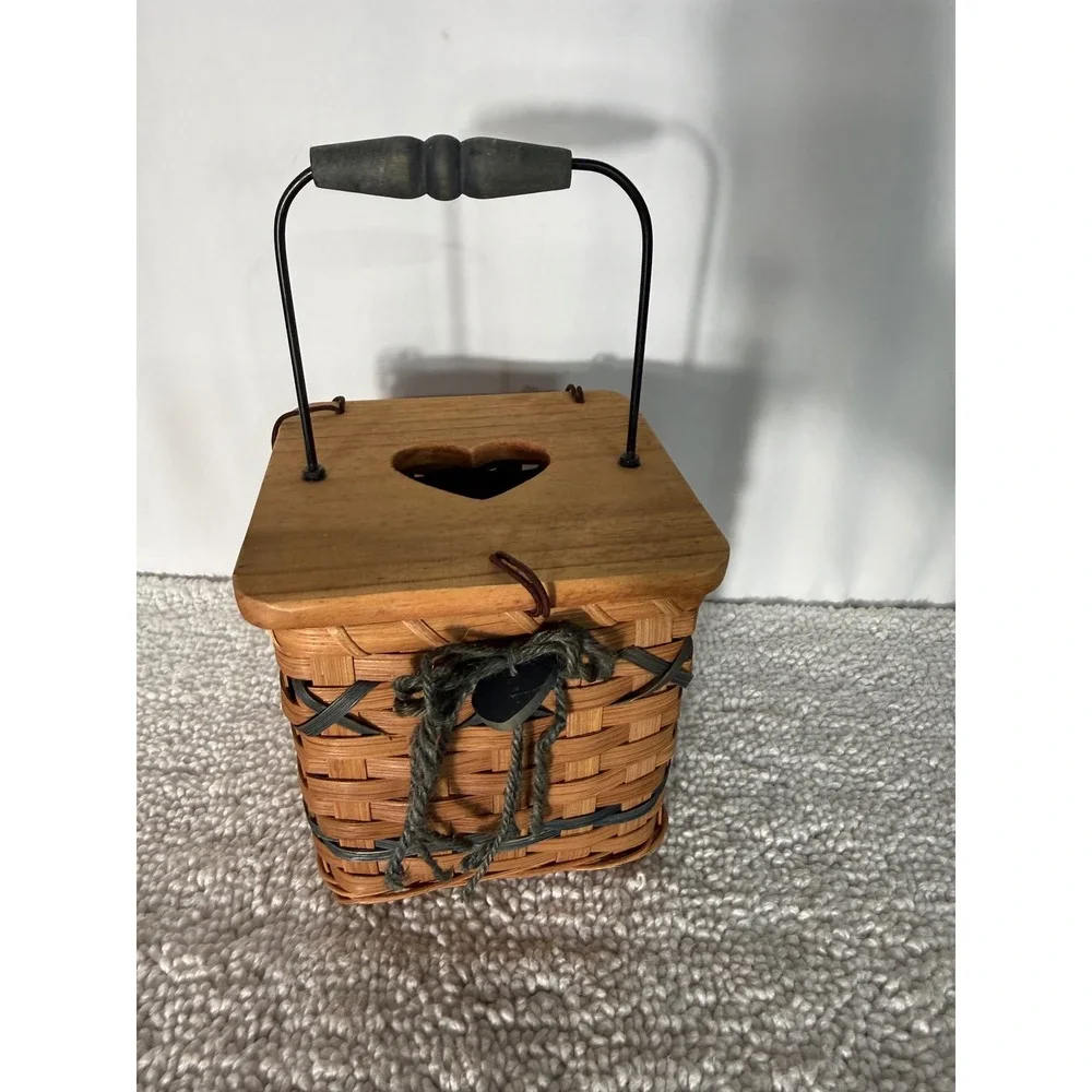 Vintage Rustic Woven Square Kleenex Basket with Wood Heart Lid and Metal Handle